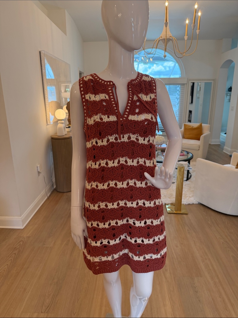 Universal Thread Crochet Stripe Sleeveless Dress in Rust and Cream